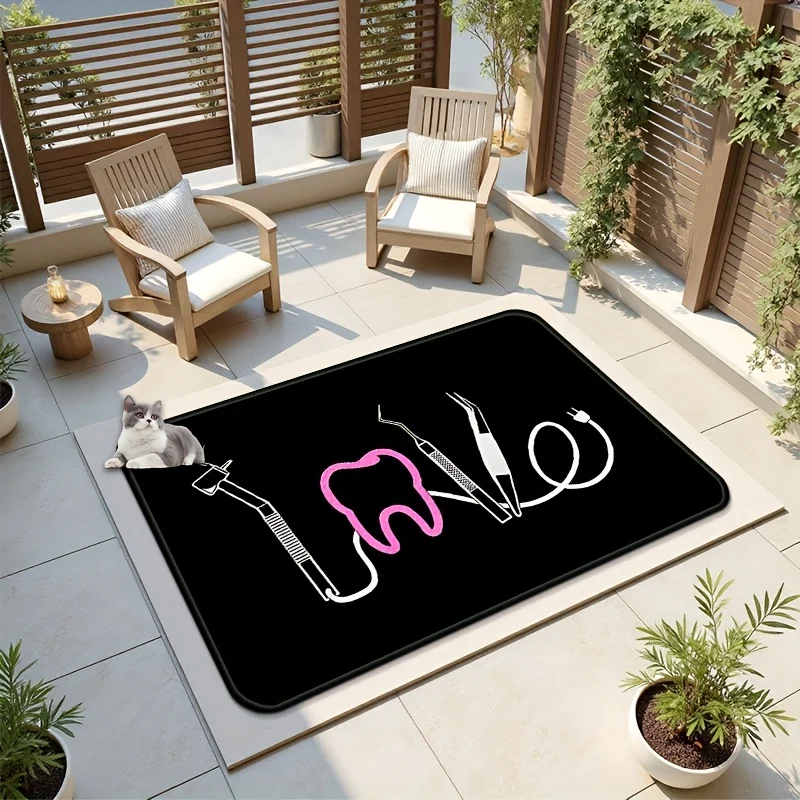 2D Flat Dental Tools Tooth Icon Black Background Professional Flannel Door Mat Non Slip Dentist Office Rug For Clinic Entrance