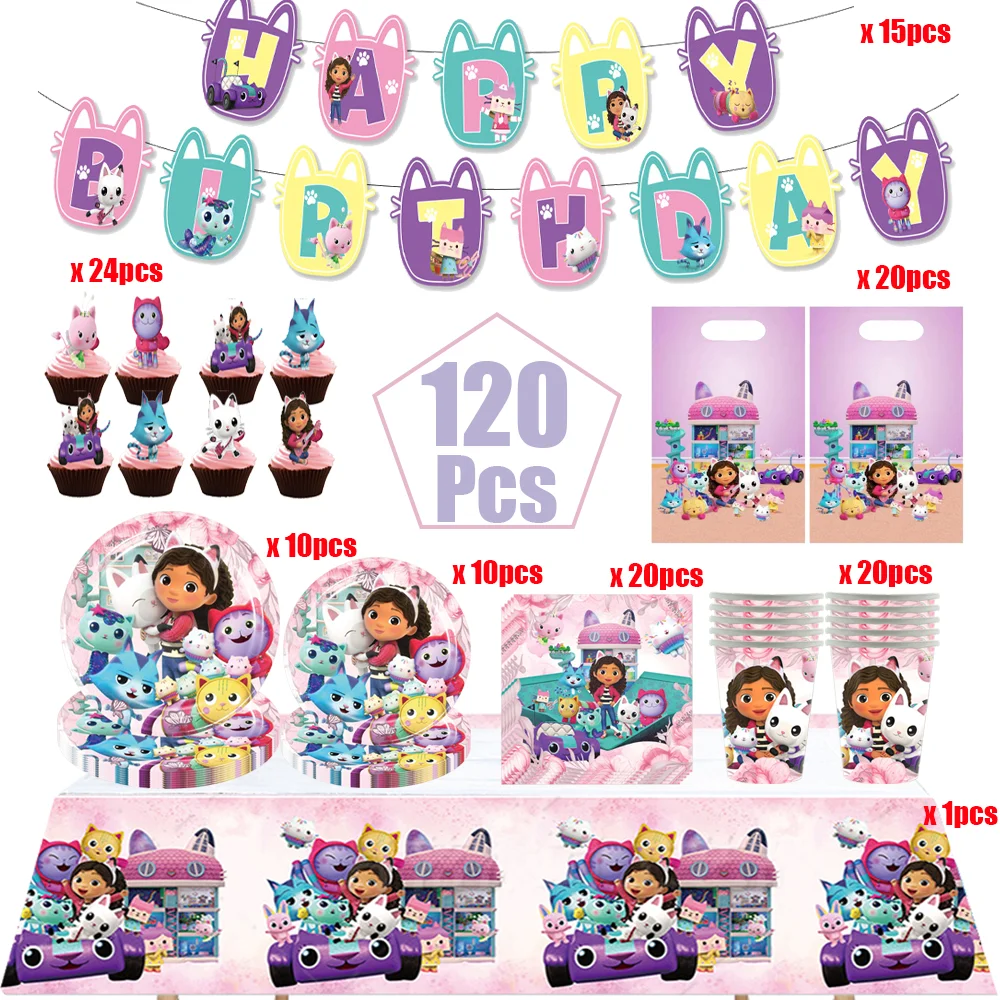 Zestaw dekoracji na przyjęcie urodzinowe Gabby z kreskówki, domek dla lalek, jednorazowa zastawa stołowa, papierowe kubki, talerze, obrus, artykuły na baby shower, akcesoria dla dzieci.