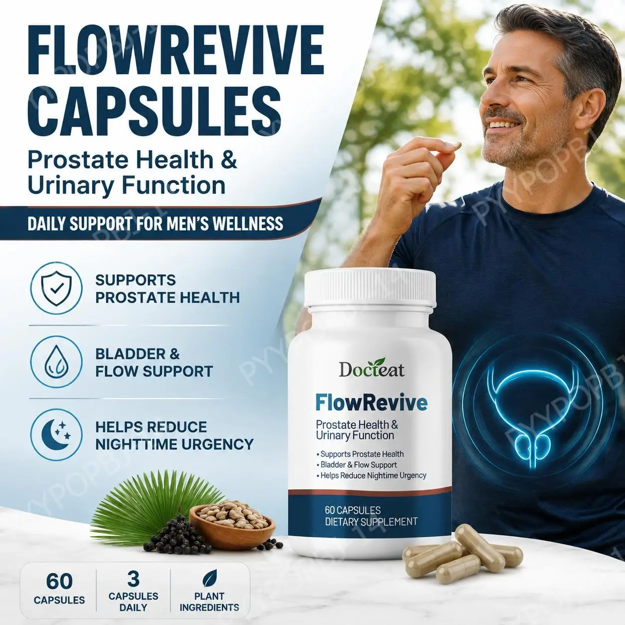 Docteat FlowRevive Prostate Health & Urinary Function Capsules with Quercetin and Curcumin Supports Bladder Flow 60 Capsules