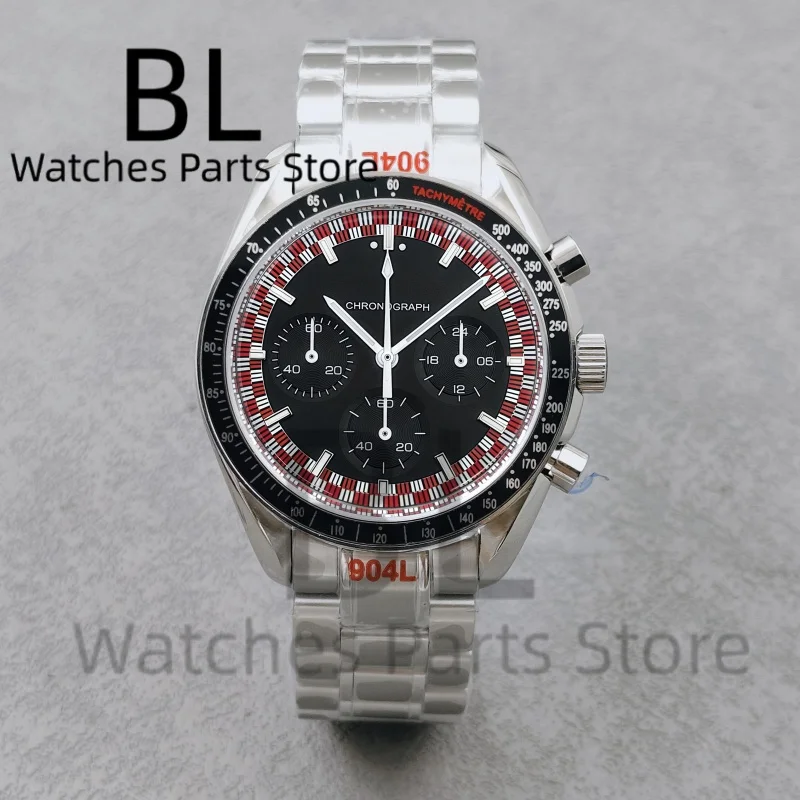 BLIGER 40mm VK63 Moon Quartz Chronograph Watch For Men Luminous Moon Red White Dial Domed Mineral Glass Waterproof Reloj Hombre