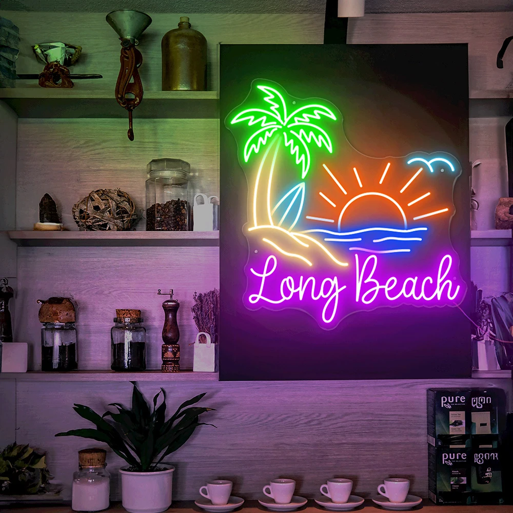 Letrero LED de playa, luz de neón, arte de neón, árbol de coco, fiesta de verano, lámpara de noche personalizada