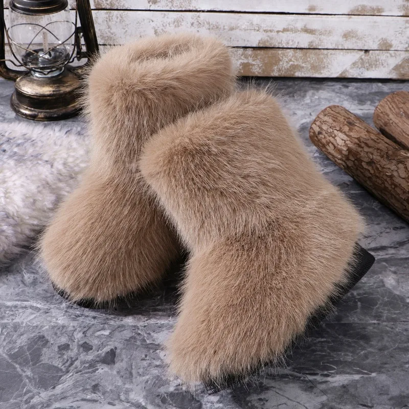 

Winter Women Fluffy Faux Fox Fur Boots Woman Plush Warm Snow Boots Luxury Footwear Girls Furry Fur Bottes Fashion Winter Shoe
