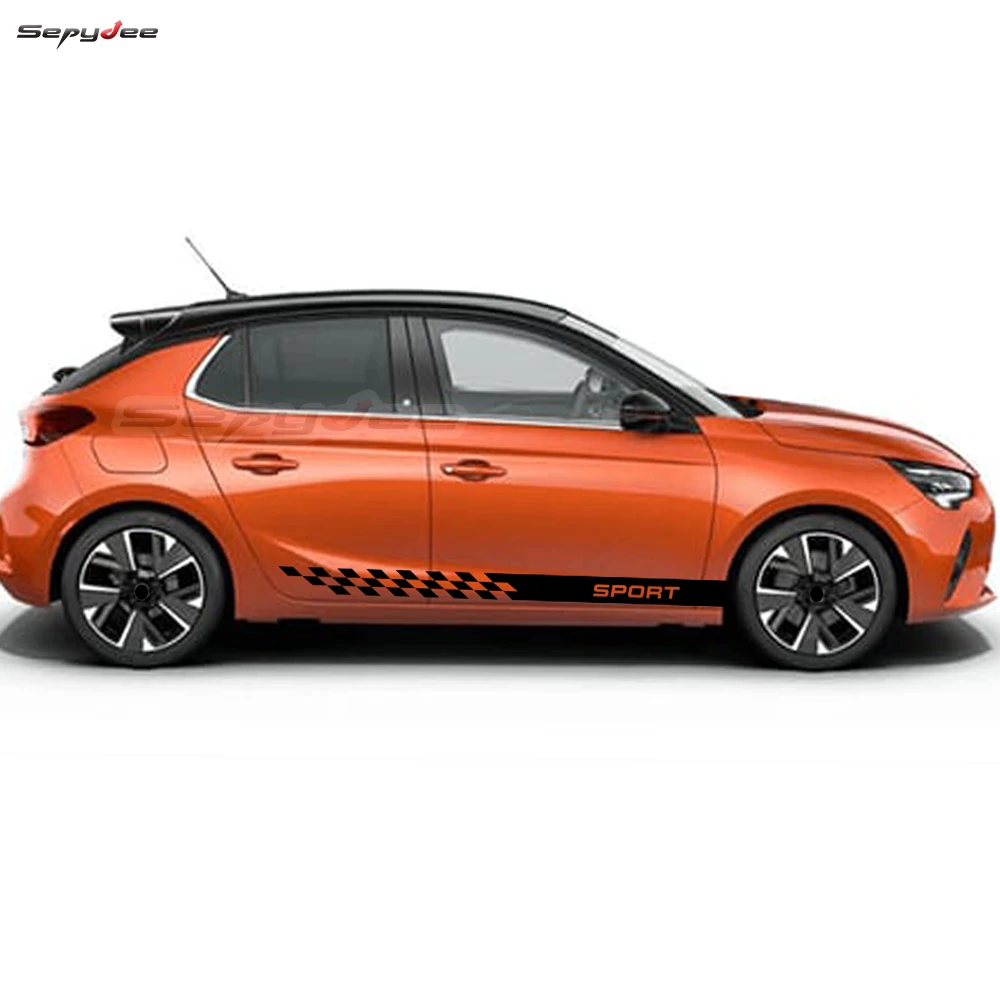 2Pcs Racing Sport Car Door Side Skirt Sticker Checkered Graphics Stripes Vinyl Film Decals For Opel Corsa C E D F Accessories
