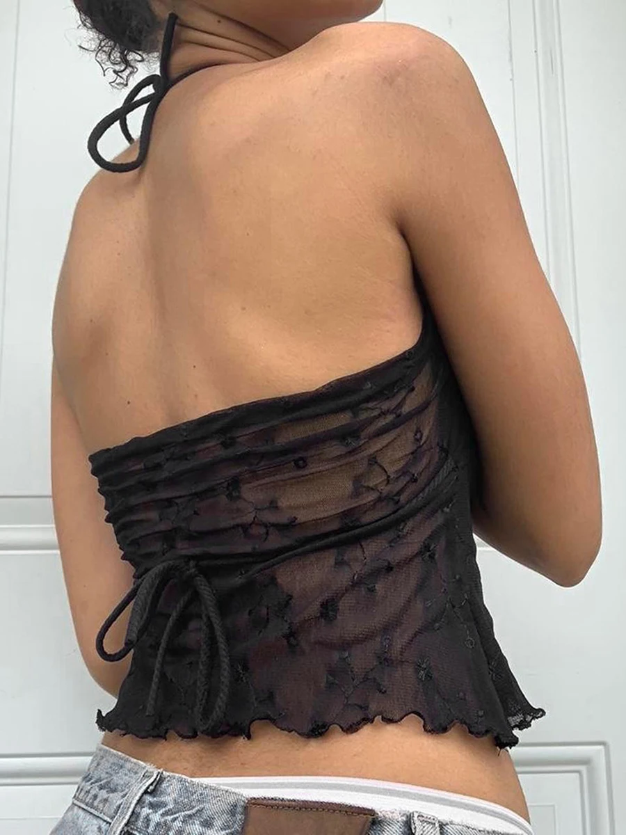 بلوزة نسائية من الدانتيل الشرير ، رقبة حرف V ، سترات صيفية عارية من الأعلى ، قمم ، ملابس الشارع ، كامي شبكي ، Y2k