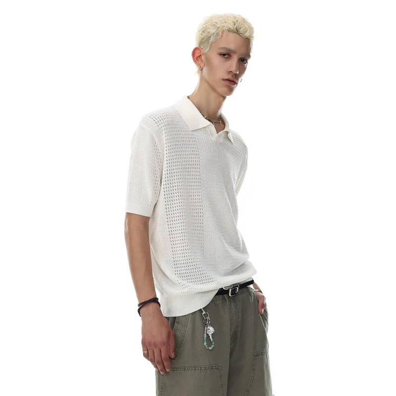 LUZHEN 2026 Summer Fashion Mesh Hollow Elastic Short Sleeve T-shirts Men's Handsome Solid Color Polo Neck Casual Pullover JY7930