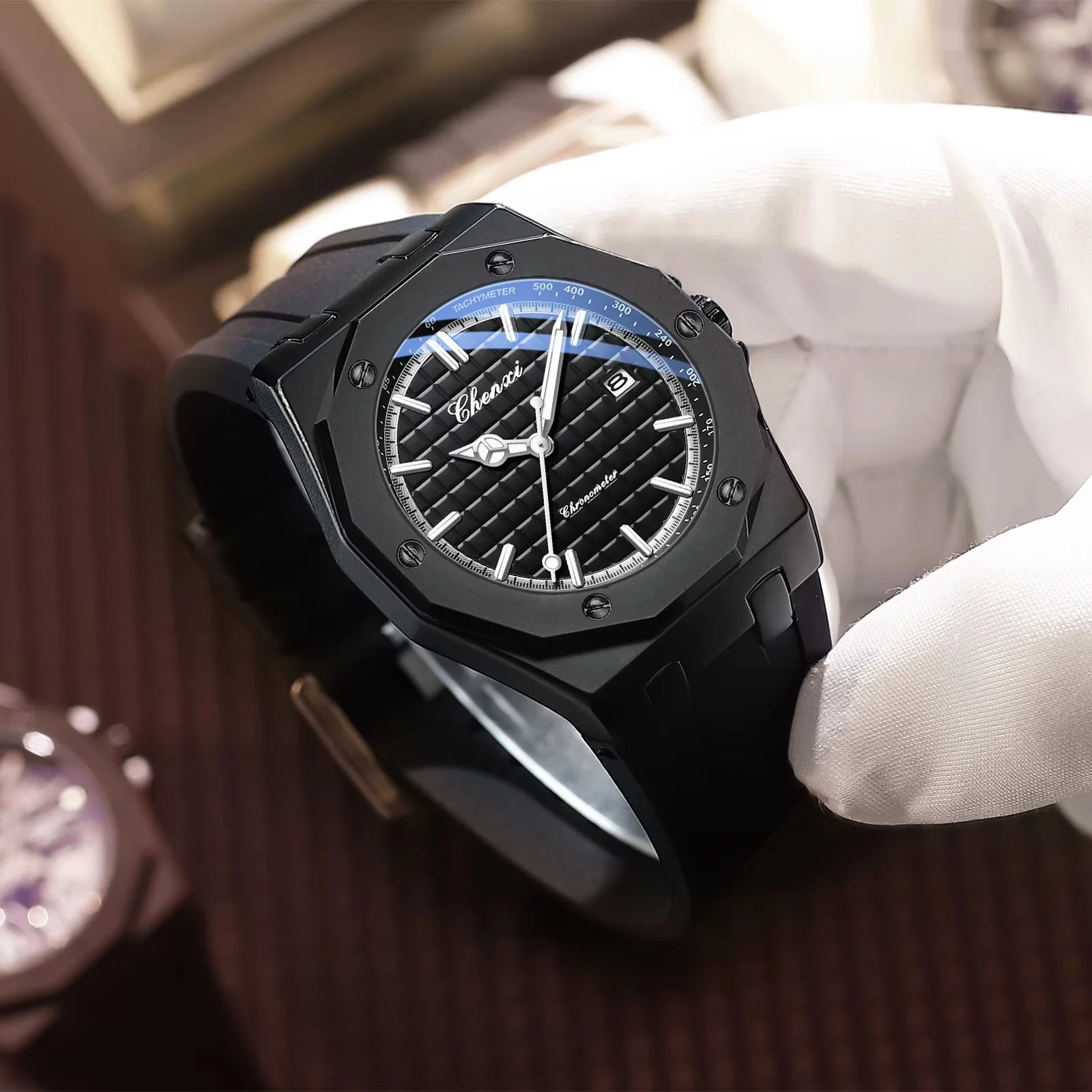 Men's Sports Quartz Watch with Waffle Dial, Octagonal Case, Soft Black Rubber Strap, Waterproof, Calendar, Classic Style Wristwatch, Men's Watch for Business and Casual Wear, Versatile, Stylish, Trendy Men's Wristwatch, Suitable for Running, Hiking, and Everyday Wear