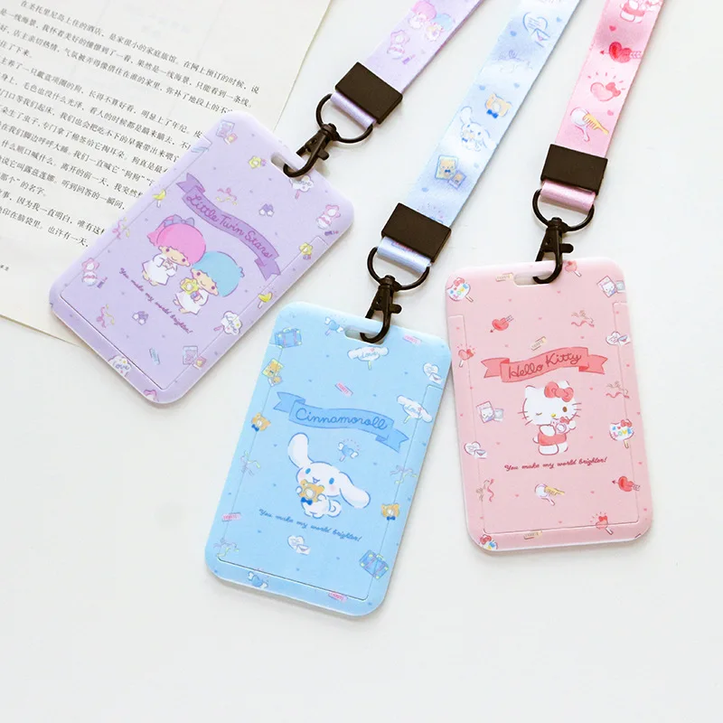 Cartoons Card Cover Hellos Kittys Cinnamoroll Kuromi PVC Card Holder Student Campus Hanging Neck Lanyard ID Protective Case Gift