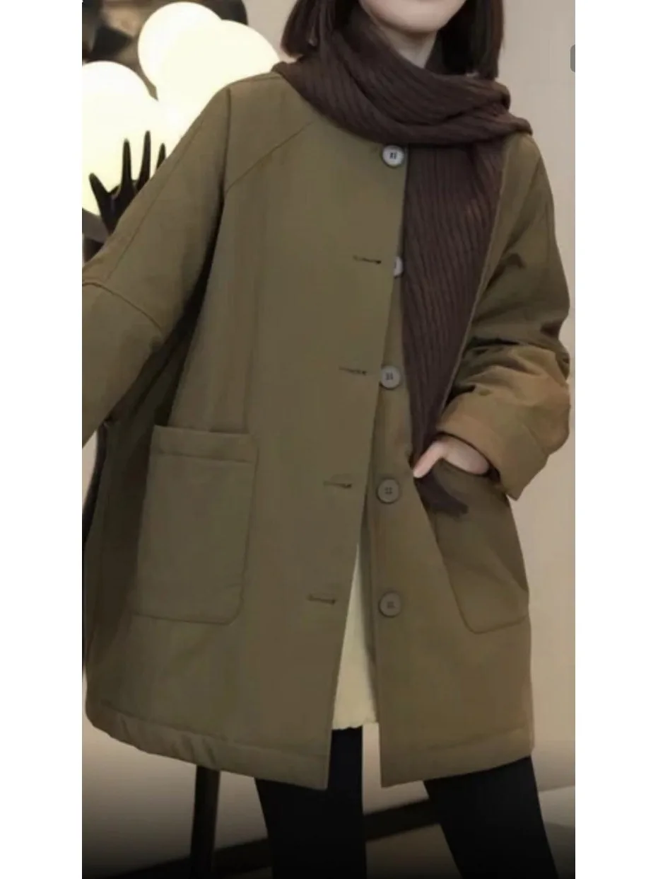 

Теплый хлопковый тюнер на одной пуговице, повседневная круглая женская свободная верхняя одежда больших размеров с мясным покрытием, зимняя модная верхняя одежда