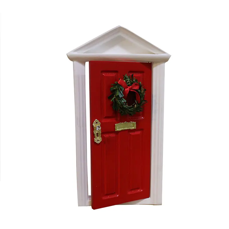 

Gift Toys For Kids 1:12 Miniature Wood Red Elf Door with Doorlock Wreach