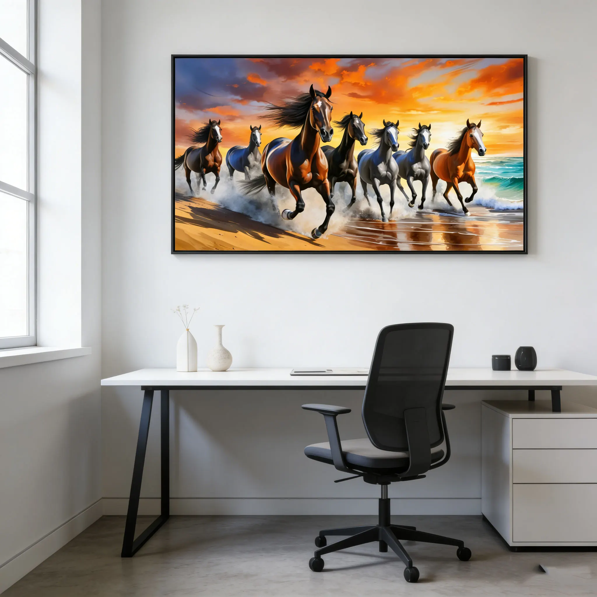 Dynamic Seven Running Horses Panoramic Wall Print Decor - Vibrant Illustration of Multi-Colored Horses Galloping Along a Beach a