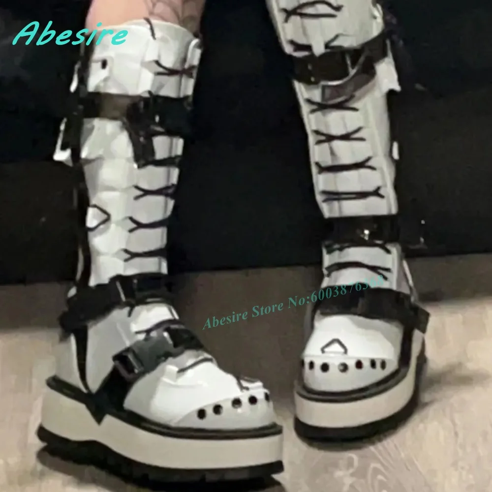 White Patent Leather Platform Knee High Boots Lace Up Multi Buckle Straps Small Bag Decoration Women's Boots Gothic Lolita Shoes