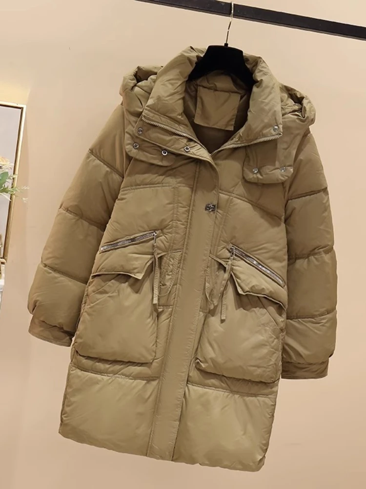 Parkas Women Mid Length Coats Hooded Zipper Jackets Thick Warm Y2k Streetwear Elegant Jacket Work Casual Loose Autumn Winter