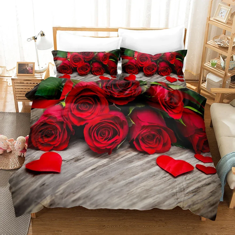 Red Rose White Backside Flower3Pcs Queen King Full Size Duvet Cover Bedding Linen Set 2 Seater Bedspread 200x200 240x220 160x200