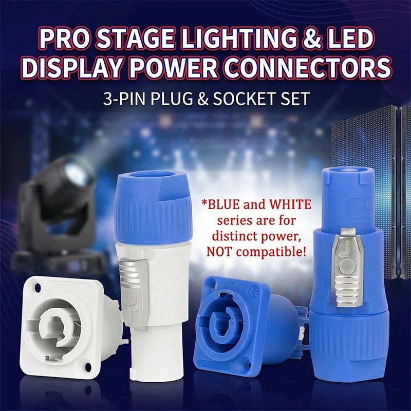 NAC3FCA NAC3FCB 3Pin Power Connector LED Speakon Male Plug Blue (Input)+White (Output) Plug+Female Socket 20A 250VAC