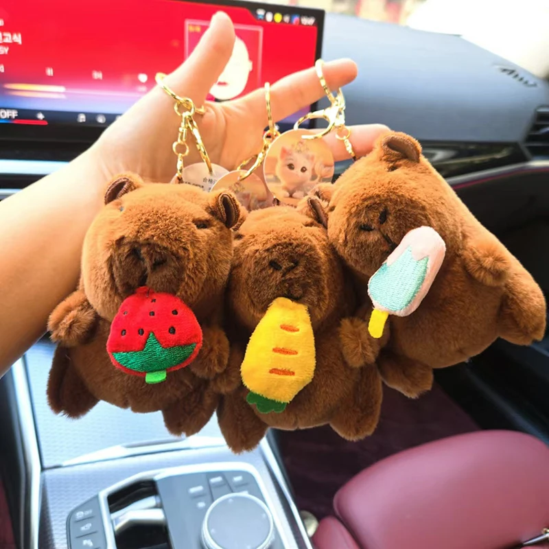 Cute Cartoon Capybara Pull String Ice Cream Strawberry Plush Pendant Keychain Car Key Ring Backpack Car Key Hanging Ornaments