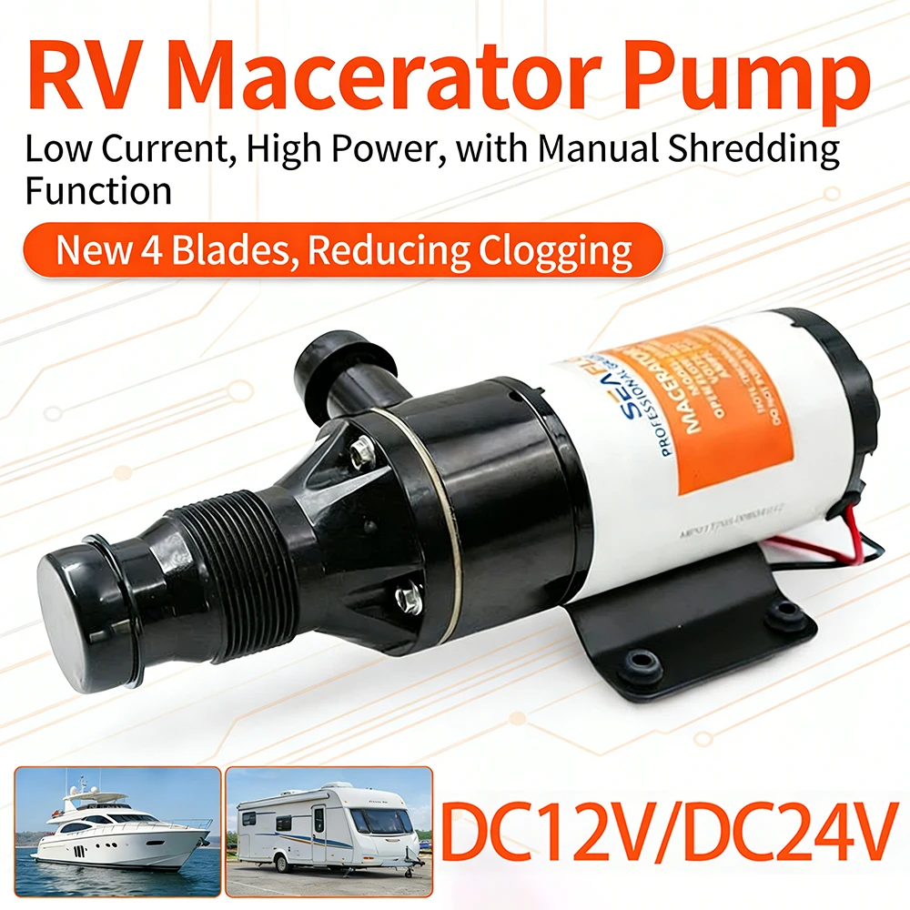 DC12V/24V Sewage Pump, Electric Fan Blade, Cutting Toilet Sewage Pump for Camper Van, Stainless Steel Impeller Pump