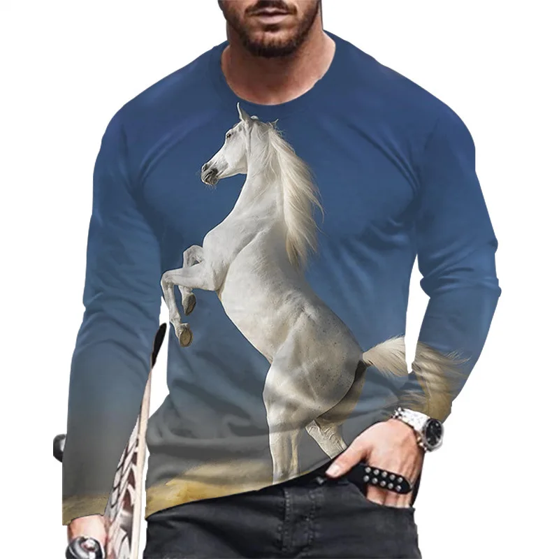 Animal Horse 3d Printing Men\'s Long Sleeve T-Shirt Fashion Street Trend O Collar Loose Comfortable Clothing Casual Quality Top