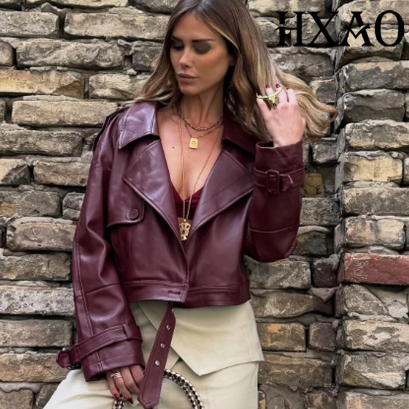 HXAO Outerwears Faux Leather Jacket Women Autumn Cropped Demi-Season Jacket Windbreaker Ladies Fashion Long Sleeve Black Jacket