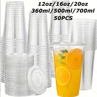 50PCS Disposable Plastic Cups with Lids for Ice Coffee Cold Drinks Plastic Cups Home Restaurant Drink Shop Party Picnic Party