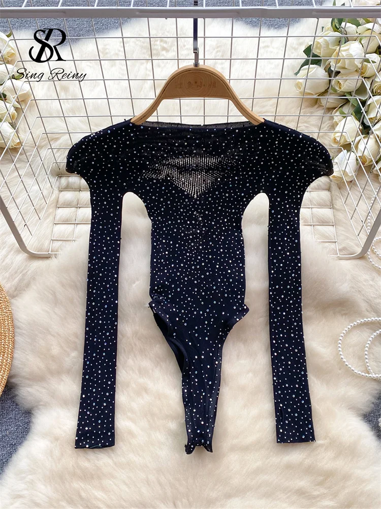 SINGREINY Streetwear Diamond Shiny Sexy Bodysuits Ladies O Neck Long Sleeves Sheer Top Fashion Hollow Out Dot Slim Playsuits