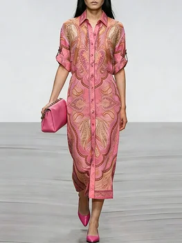 2026 New Vintage Contrast Color Printed Shirt Dress Turndown Collar Button Evening Midi Dresses Loose Elegant Kaftan Dress Robe