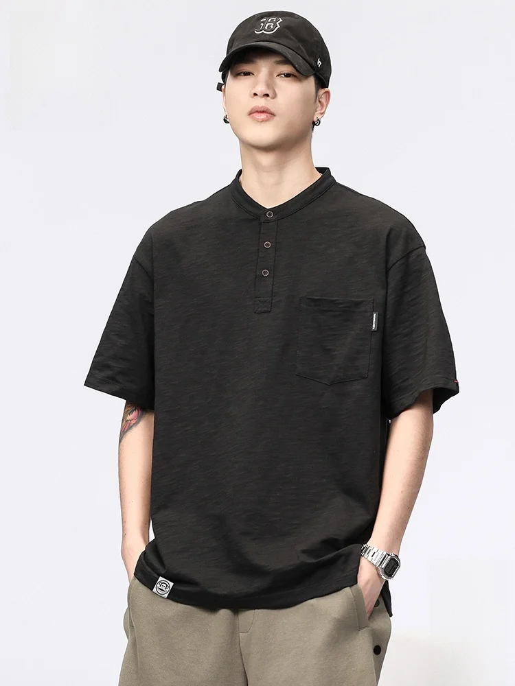 

PaulFrank M ort Sve T-irt Pure Cotton Henry Collar Base irt Loose Fit Summer Breathable Youth Faion Casual Tee