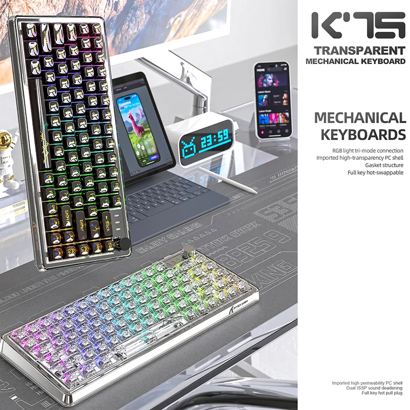 Attack Shark K75 RGB Wireless Mechanical Keyboard Hot-Swappable 3 Mode 2.4g BT Charge Transparent Gasket Multicolor Backlight PC