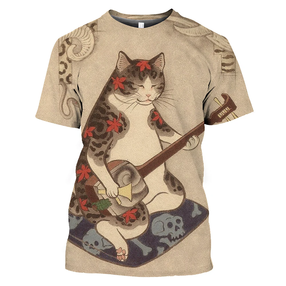 Vintage Samurai Cat Men\'s T Shirt Summer O Neck Men\'s Clothing Tops Unisex 3D Print Oversized Short Sleeve Pullover Cool Tees