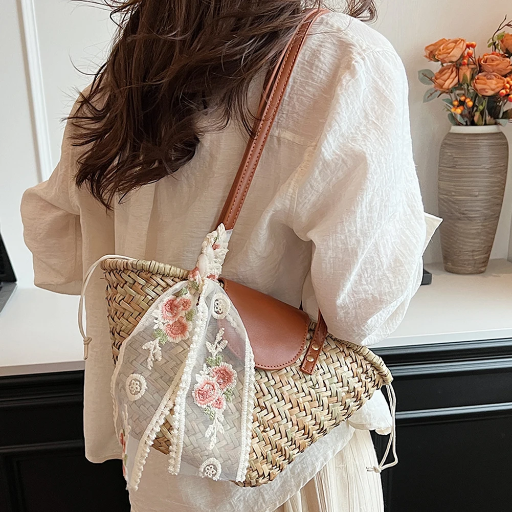 Fashion Women Straw Woven Tote Bag Raffia Shoulder Bags Ladies Rattan Tote Clutch Bags with Ribbon Chic Purse Crochet Handbag