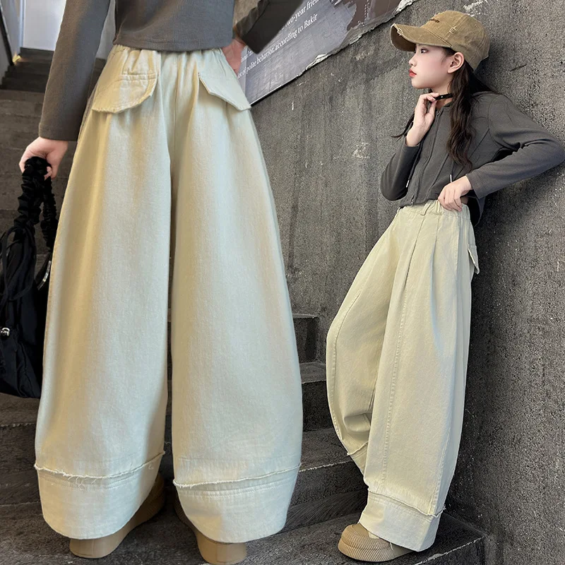 الفتيات عادية بنطال ذو قصة أرجل مستقيمة خريف 2025 نمط جديد عصري مكبل فضفاض واسعة الساق الأطفال موضة بنطلون للأطفال الكبار