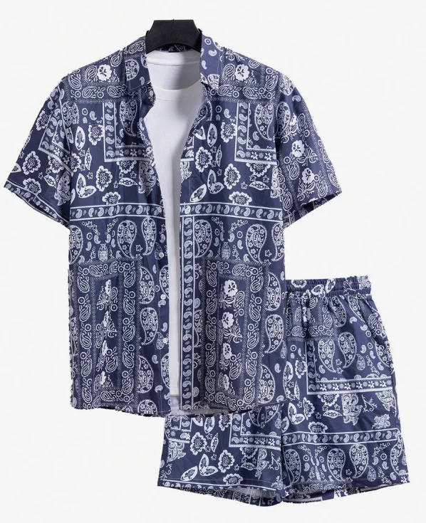 Hawaiian Shirt Set Men 3D Printed Paisley Pattern Summer Fashion Casual Retro Ethnic Style Oversized Shirt + Shorts 2 Piece Set