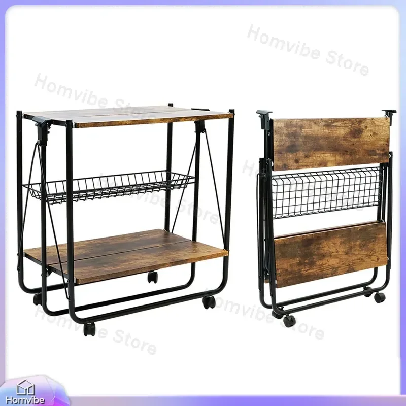 Foldable Food Cart Portable Solid Wood Shelves Catering Kitchen Folding Trolley Household Serving Cart for Restaurant Home