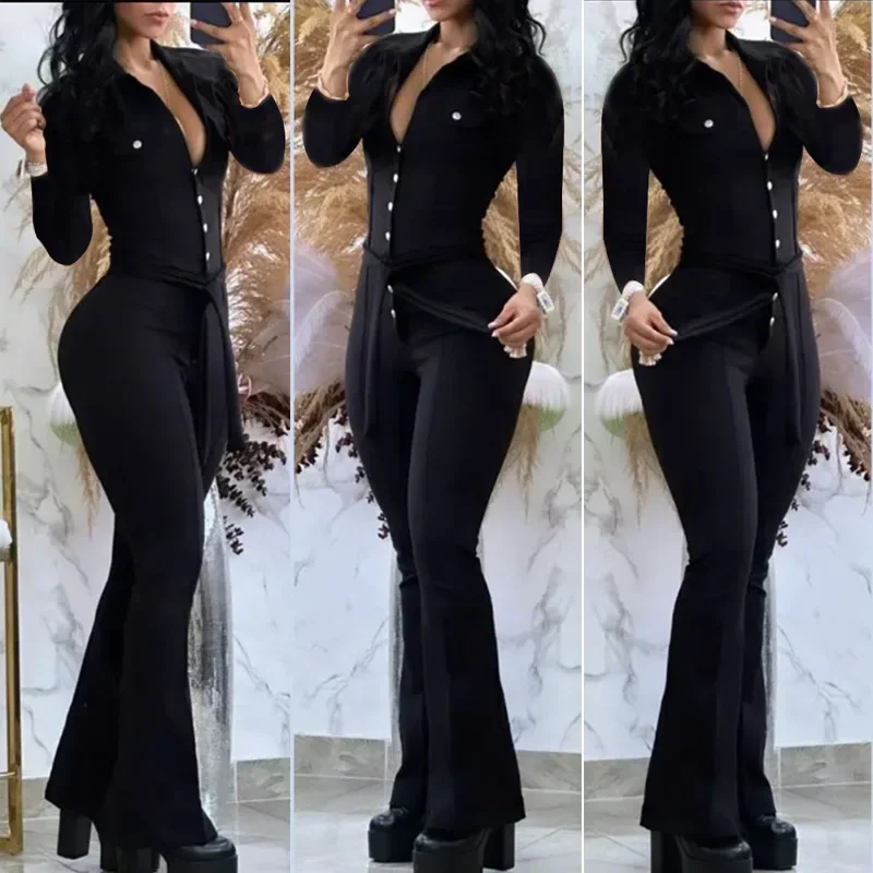 Women\'s Clothing Button Lapel Pants Workwear Pockets Jumpsuit Long Sleeve Solid Color Single Breasted Jumpsuits with Belt