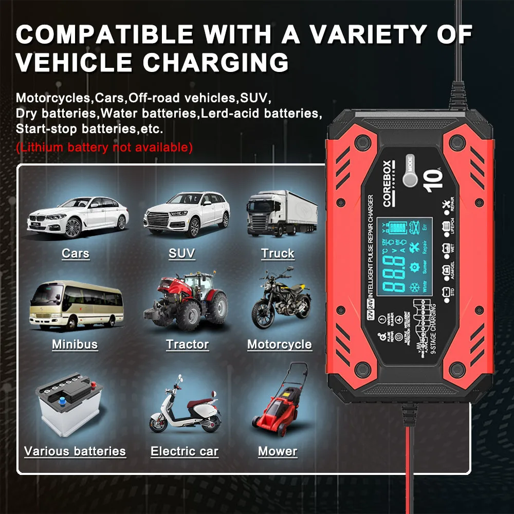 Car and Motorcycle Battery Charging Devices Intelligent Maintenance of Lead Acid Battery 12V 10A AGM Automotive Battery Charger