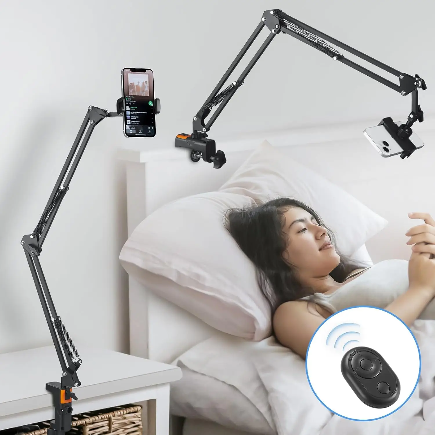 

Flexible Overhead Phone Mount with Wireless Remote, Adjustable Stand for Beds and Desks
