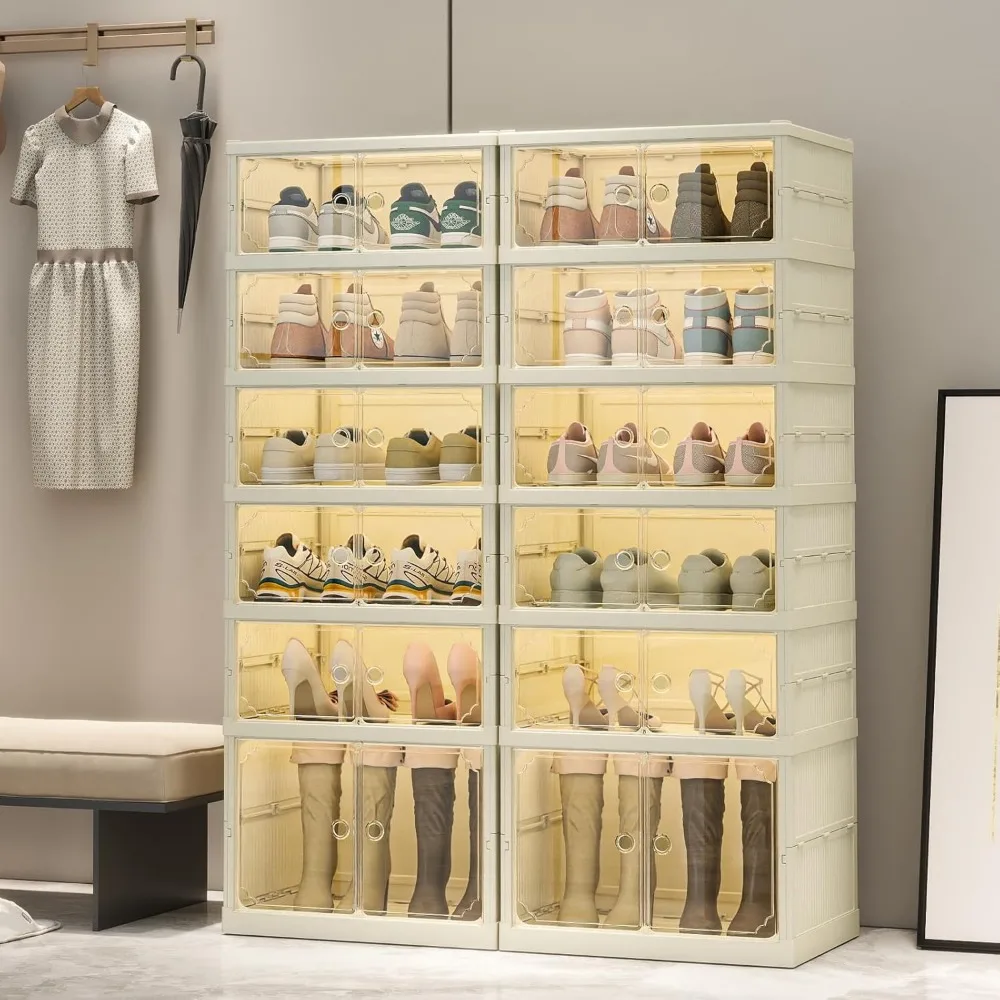 

6 Tiers Foldable Shoe Rack Organizer for Closet with Wheels, 24Pairs Plastic Collapsible Shoe Shelf for Front Door Entrance Stac