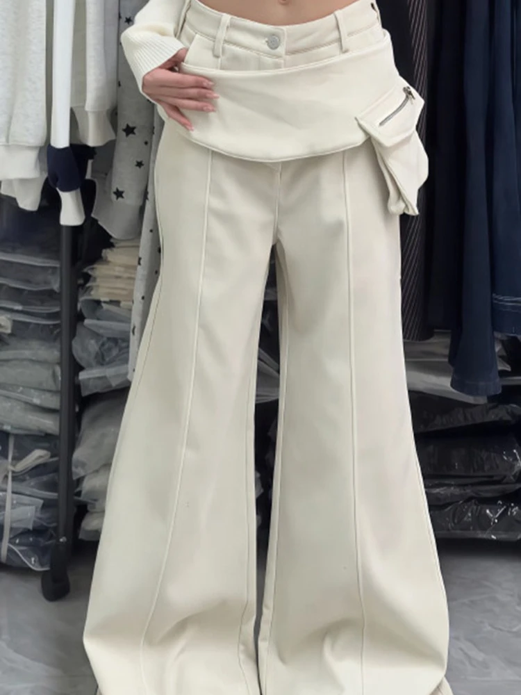 American style retro beige fart curtain splicing jeans women's spring autumn new layered loose and lazy style wide leg pants