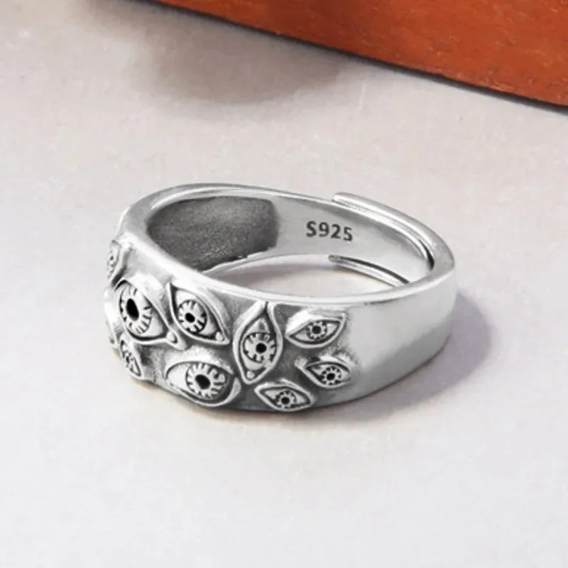 

New Real S925 Silver Jewelry Personalized Vintage Fashion Adjustable Thousand Eyes Ring Trendy Christmas Gifts