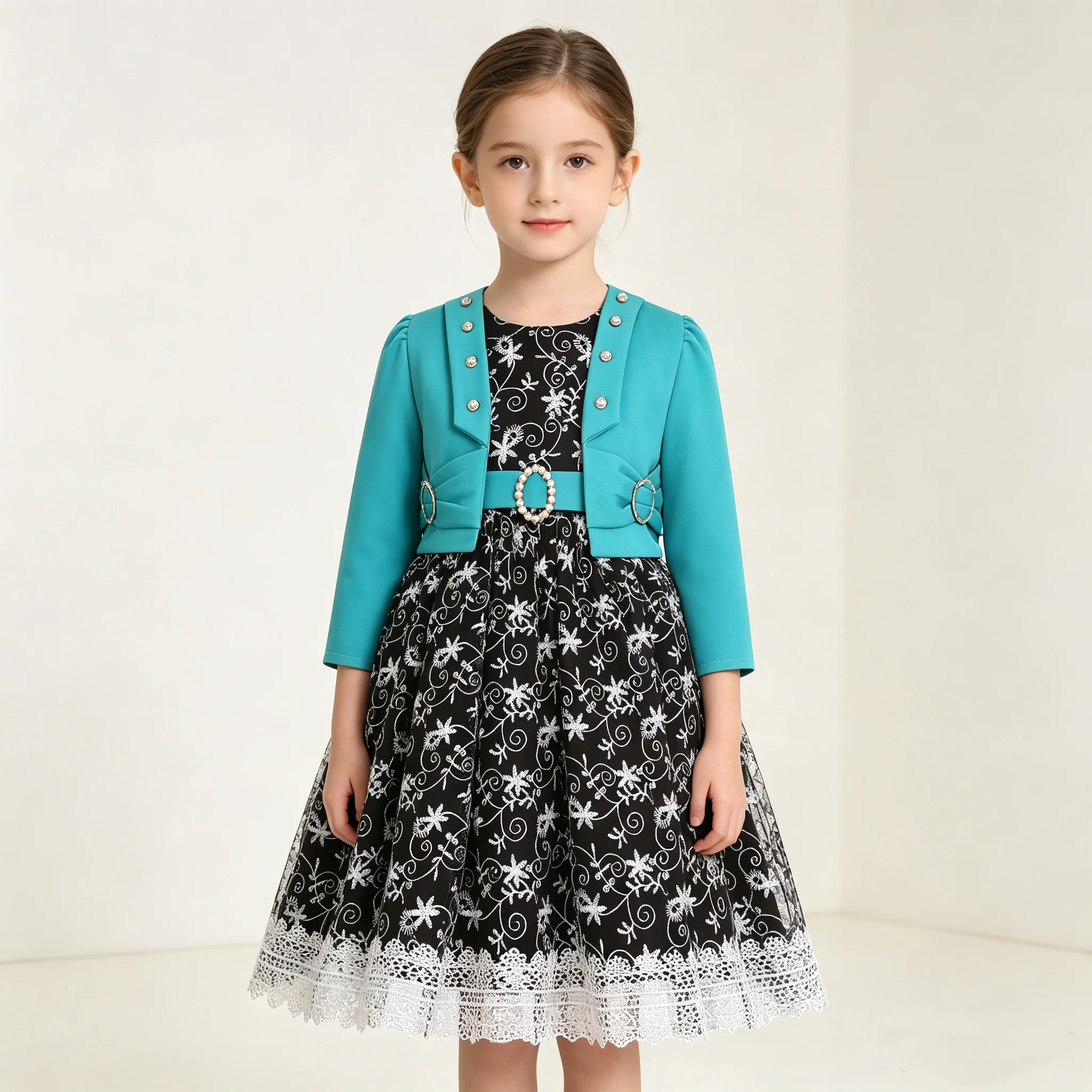 New Arrival Girls' Lace Embroidered Pearl Dress - Princess-Style Premium Birthday Party Puffy Set Dress for Ages 4-14Year