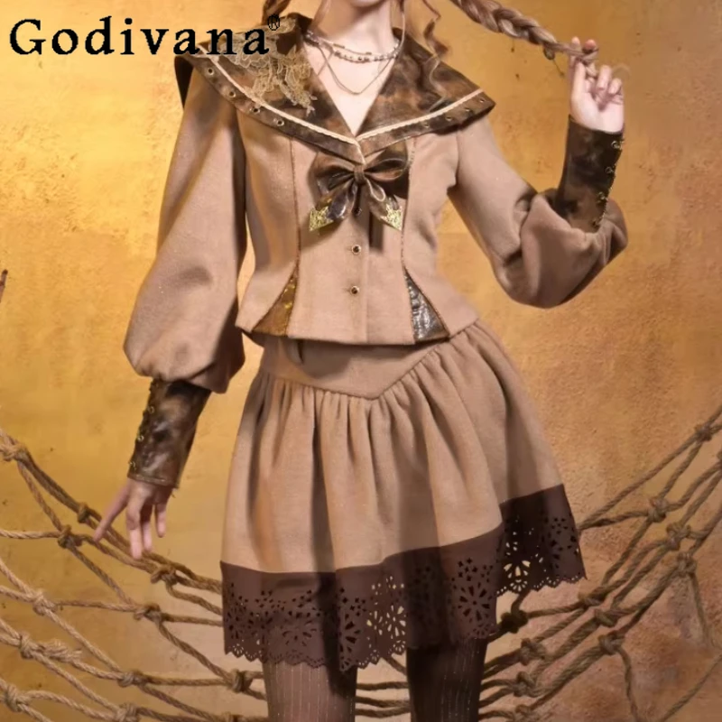 

Autumn Winter Punk Retro Girl Sweet Bow Navy Collare Woolen Top High Waist Fashion Versatile Age-reducing Gothic Short Skirt