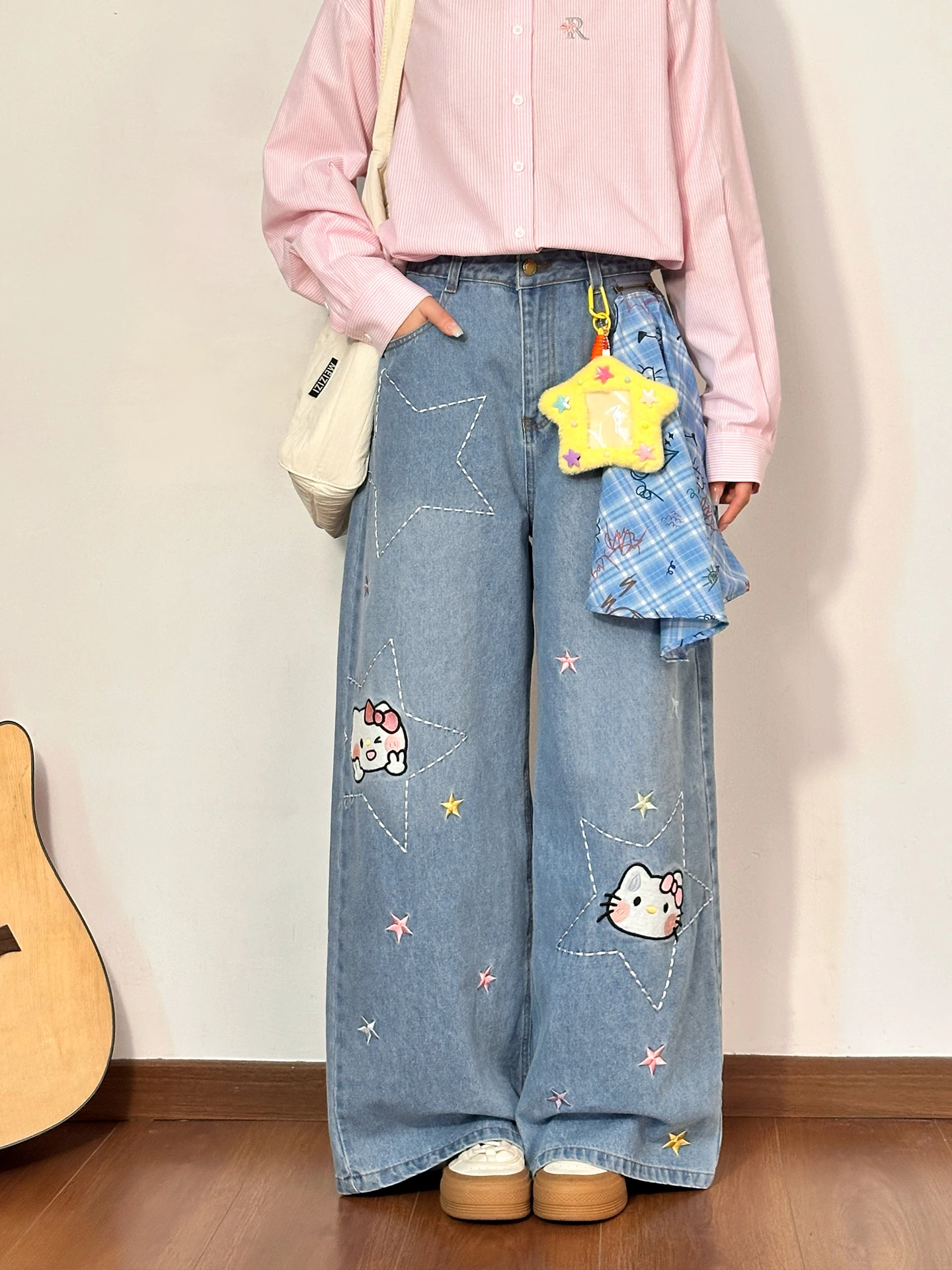 

Retro American KT Embroidery Scarf Loose Wide Leg Jeans Women's Loose Fit Casual Jeans Cartoon Pattern All Seasons Wear