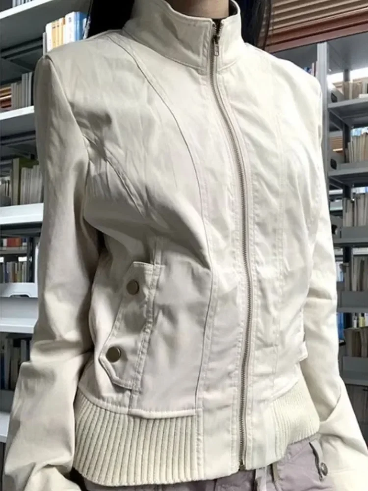 

Американское винтажное универсальное короткое пальто, женские летние тонкие куртки с длинными рукавами, новинка 2025 года, топы на молнии с воротником-стойкой Mujer