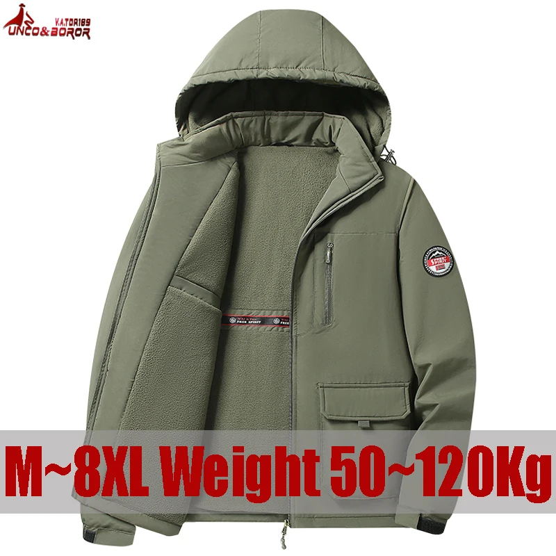 พลัสขนาด 7XL 8XL ผู้ชายฤดูใบไม้ร่วงฤดูหนาวเสื้อโค้ทกันลมกีฬากลางแจ้งกันน้ำเสื้อพาร์ก้าผู้ชายที่ถอดออกได้ขนแกะเสื้อฮู้ด