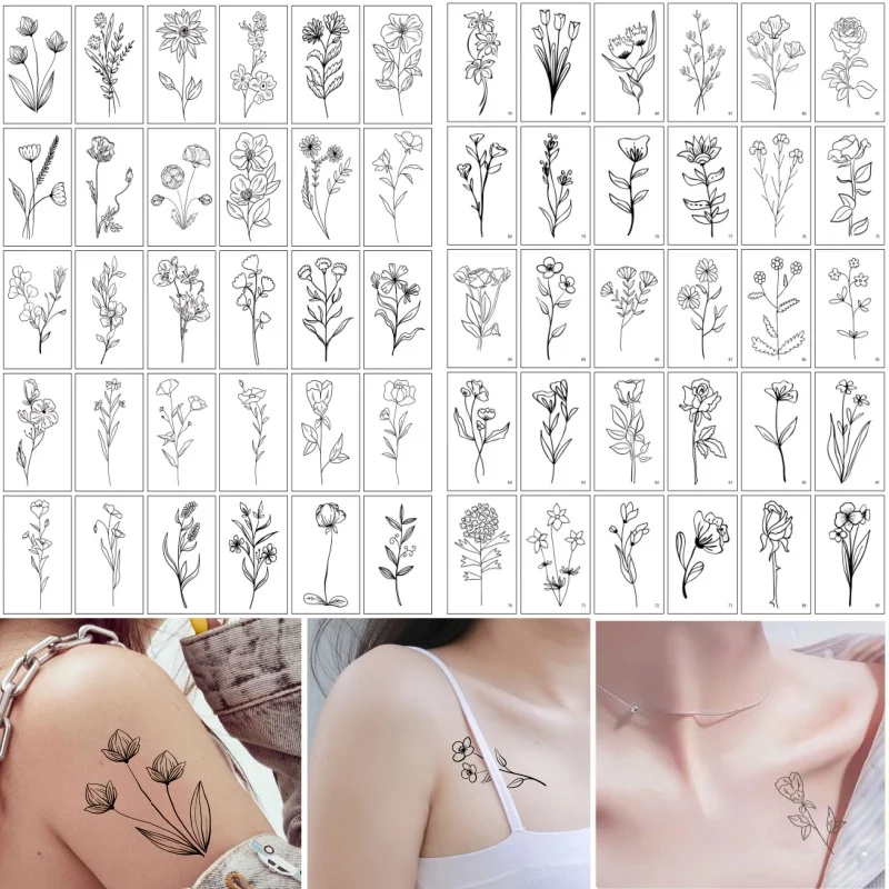 30pcs/set Flower Temporary Tattoos for Women Girls Neck Arm Black Waterproof Small Fake Tatoo Stickers Branch Rose Floral Sketch