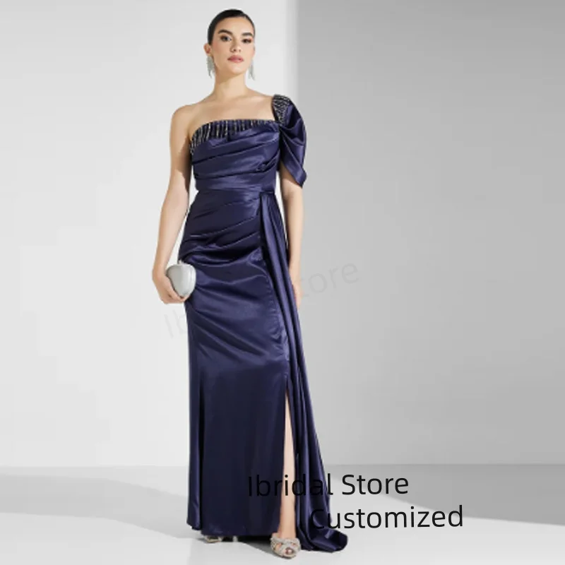 

Customized Elegant Beads Prom Dresses for Women One-Shoulder Column Party Gowns Long Criss Cross Split Satin Evening Gowns