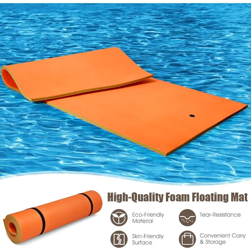 GYMAX Floating Water Mat, 12' x 6' Foam Water Floating Pad with Safe Bungee Tether and Storage Straps,3-Layer XPE Foam Floating