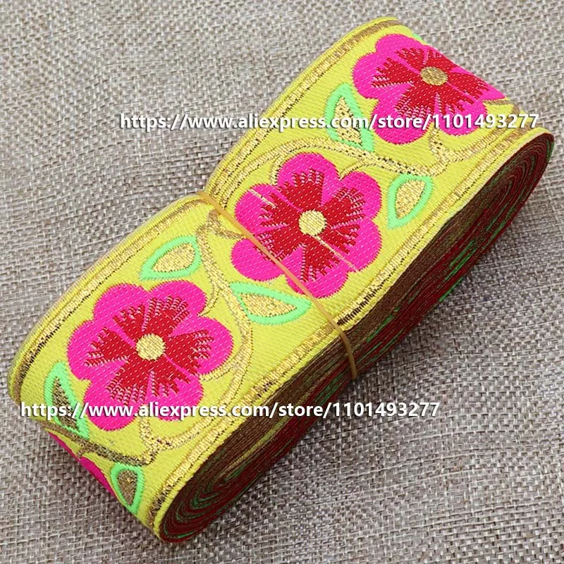 7 Yards 5cm Jacquard Ribbon Flowerd Pattern Ethnic Lace Trim Embroidered Woven Webbing Tape For Clothing Bag Sewing Fabric