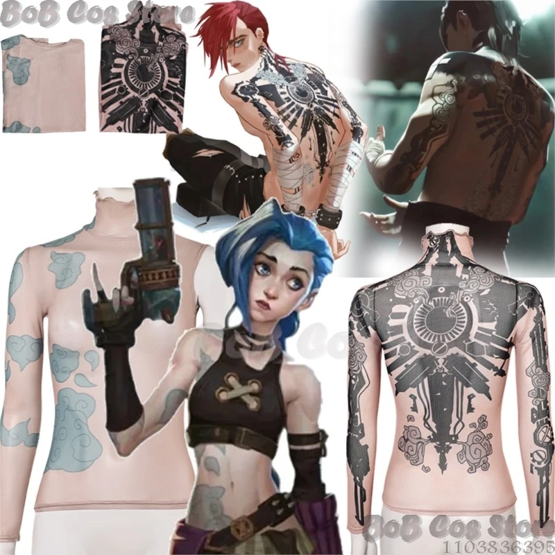 Jinx Vi Arance S2 Anime Game LOL Cosplay Costume Tattoo Printed Flesh-colored Bodysuit Women Girl Holloween Comic Con Customized