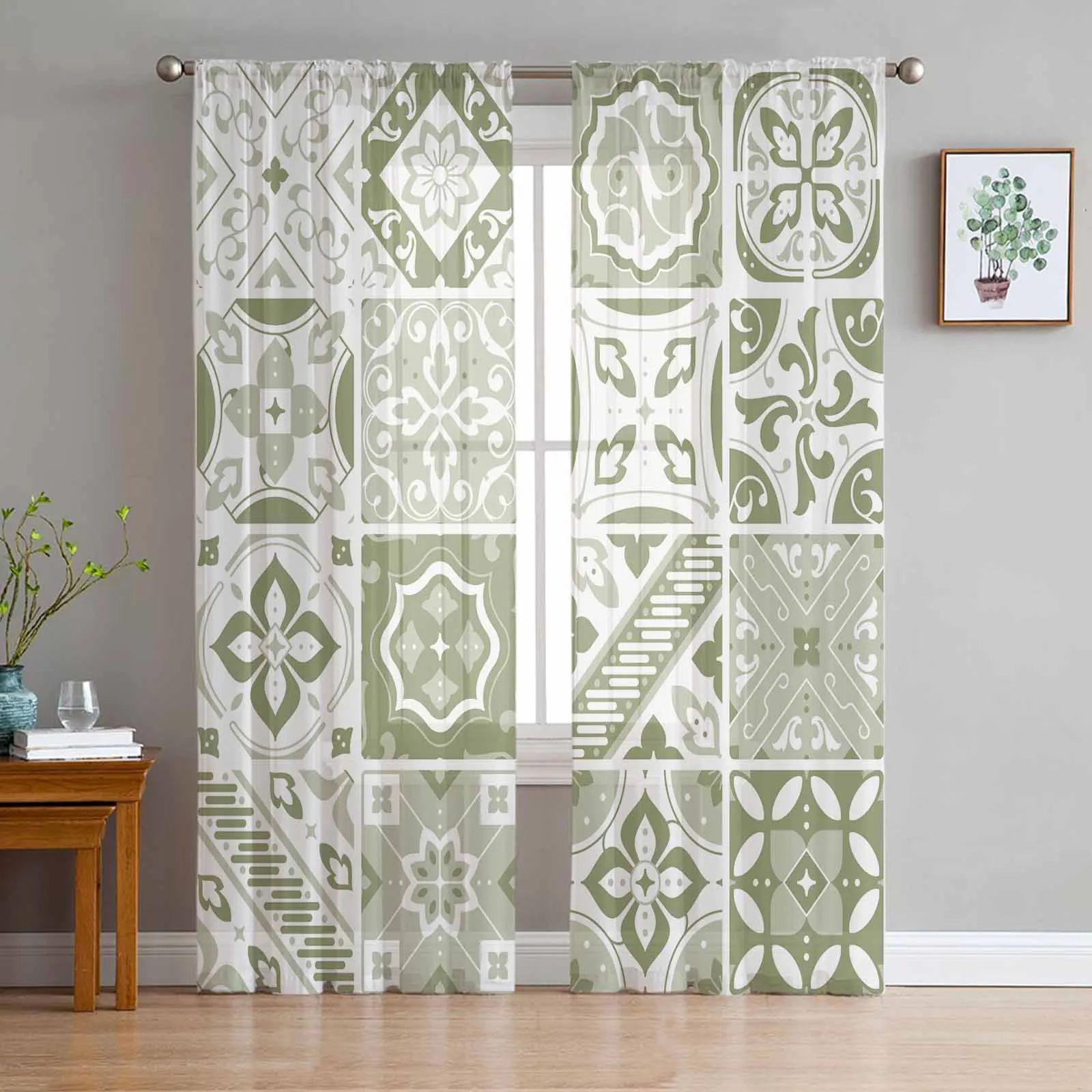 

Ceramic Tiles Mediterranean Flower Square Green Tulle Curtains for Living Room Bedroom Sheer Voile Drapes Modern Curtains