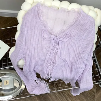 Women's Lace-Ruffle Short Cardigan 4 OCEANLOVE Thin Short Cardigans Solid Lace Ruffles Spring Summer Women Sweaters Transparent Korean Fashion Sweet Chaquetas 4
